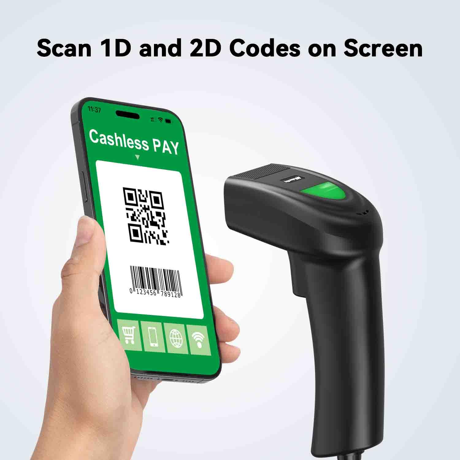 Alacrity 2D 1D USB Barcode Scanner,QR Datamatrix PDF417 Handheld Wired Bar Code Reader, Capture Codes from Screen for Warehouse, Store, Supermarket, Black