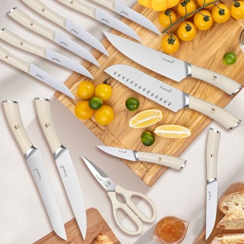 Kuisine Chef Knife Set Kitchen Utensil Set,High Carbon Stainless Steel Knife Set,Knife Block Set with Built-in Sharpener,Sharp Knife Set Forged,Elegant Gift(Ivory,15pcs）