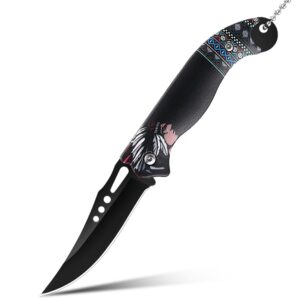 selucreh mini folding knife for edc,stainless steel blade with indiana totem, pocket clip for men or women. (black)