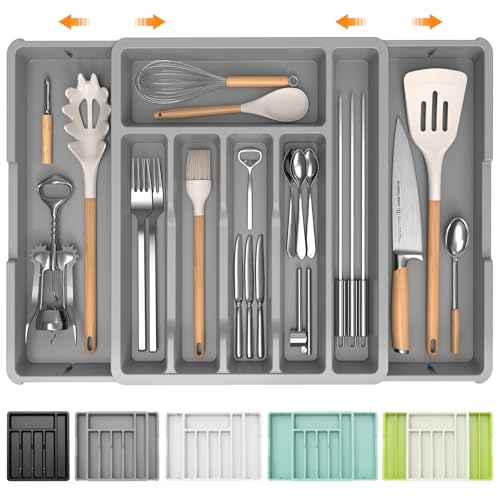 iDavosic.ly Silverware Drawer Organizer, Expandable Utensil Tray for Kitchen Drawers, Adjustable Plastic Cutlery Flatware Holder for Knife Fork Spoon with 8-10 Compartments (Large, Gray)