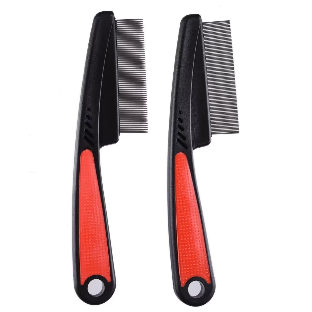 Iluadme 2 Pieces Fine Tooth and Wide Tooth Dog Grooming Comb - Rubber Handle Hair Comb for Small Dogs & Cats with Flea and Tick Removal (2PCS, Black Red)