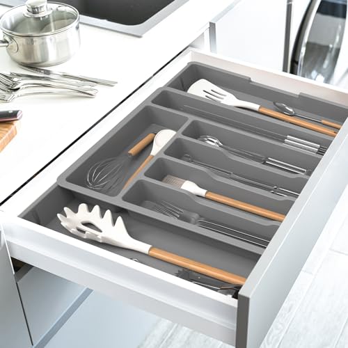 iDavosic.ly Silverware Drawer Organizer, Expandable Utensil Tray for Kitchen Drawers, Adjustable Plastic Cutlery Flatware Holder for Knife Fork Spoon with 8-10 Compartments (Large, Gray)