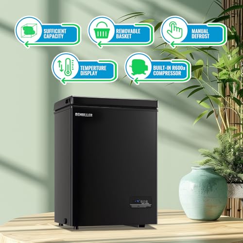 DEMULLER Deep Freezer Top Open Door Chest Freezer Mini Freezers with 2 Removable Basket Electronic Display Screen Black