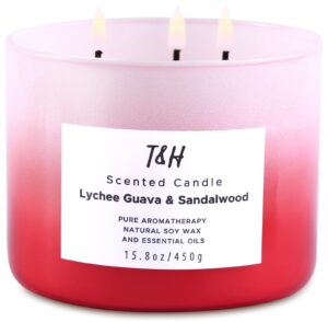 lychee guava sandalwood candle | large 3-wick highly scented candle for home | natural soy candle 15.8 oz | sweet & refreshing luxury fragrance candle | relaxing aromatherapy candle for women & men