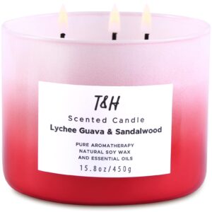 Lychee Guava Sandalwood Candle | Large 3-Wick Highly Scented Candle for Home | Natural Soy Candle 15.8 oz | Sweet & Refreshing Luxury Fragrance Candle | Relaxing Aromatherapy Candle for Women & Men