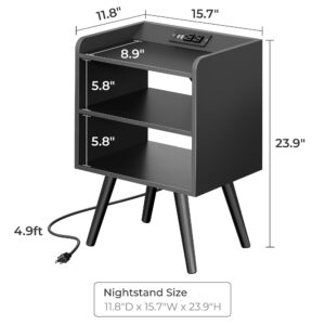 Huuger Night Stand with Charger Station, Black Nightstand, Bedside Table, 3 Tier End Table with Solid Wood Feet, Slanted Power Panel, Side Table with Storage for Bedroom