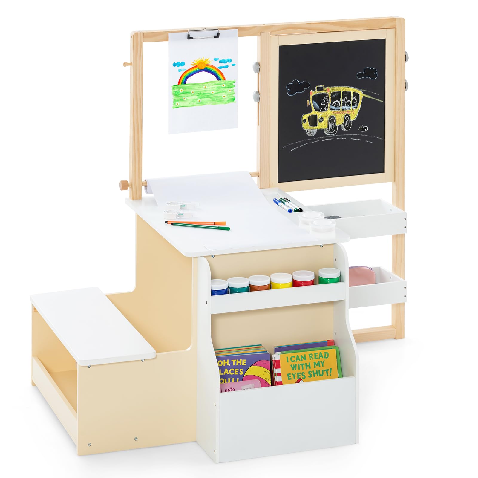 INFANS 3 in 1 Kids Art Table and Chair Set, Toddler Craft and Play Wood Activity Desk with Double-Sided Easel Blackboard Whiteboard, Paper Roll for Writing, Children Furniture for Daycare Nursery