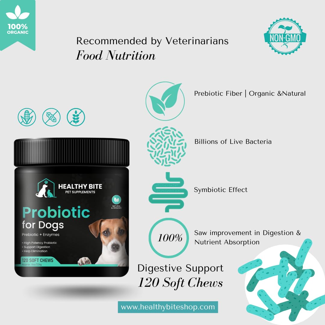 Healthy Bite Probiotic for Dogs - Dog probiotic for Diarrhea, Gut Health and Itching, 6 Different Bacterias, Dog Probiotic Chews - Prebiotic for Dogs - Made in USA - 120 Count