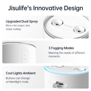 JISULIFE Humidifiers for Bedroom, Dual Mist Ports 3 Speeds Small Humidifier, Rechargeable Desk Portable Humidifier 8000mAh with Light, Auto Shut-Off, Cool Mist Humidifiers for Baby/Nursery/Plant White