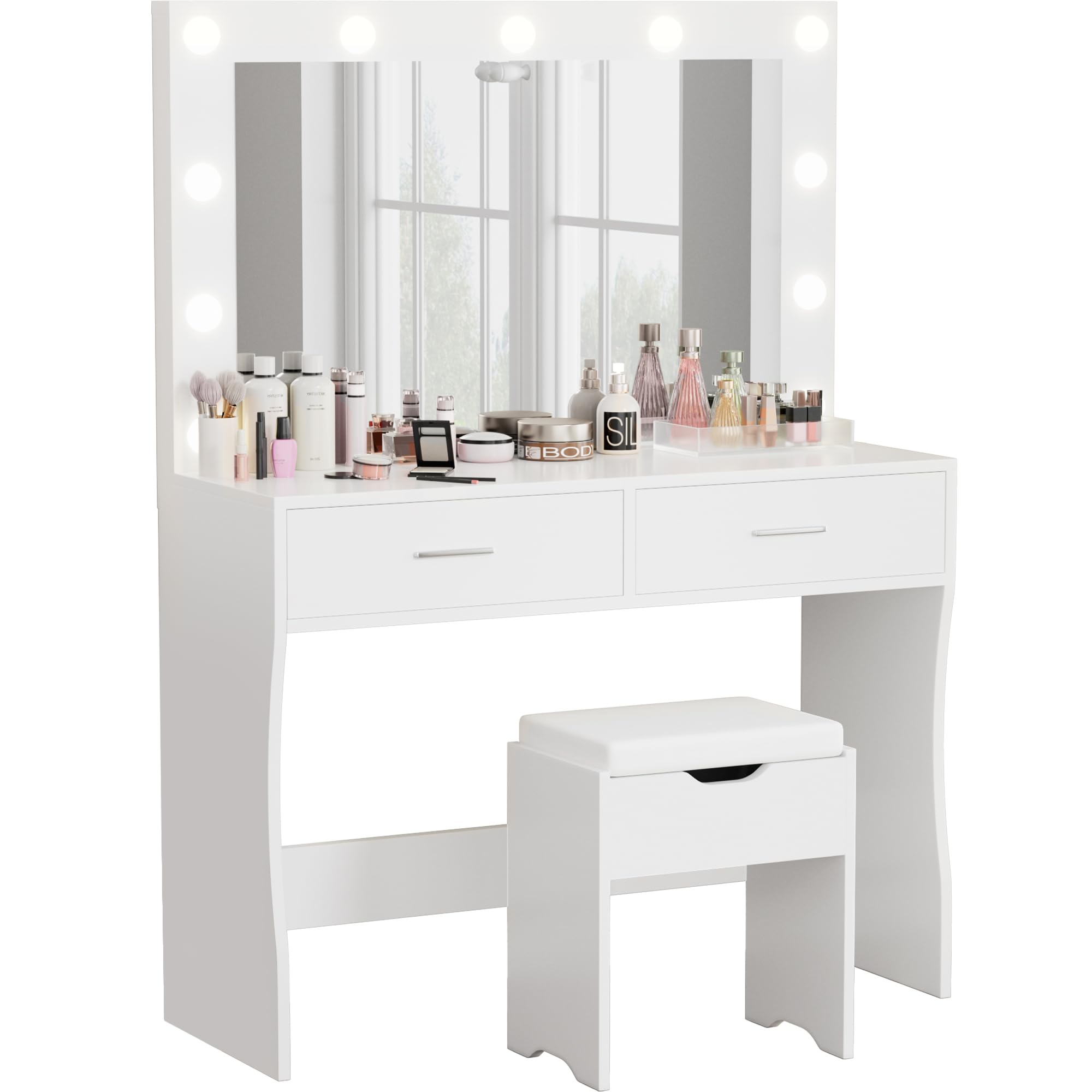 Furmax Vanity Desk Set with Large Lighted Mirror, 35.4 Inch Makeup Vanity Table with 2 Drawers, Cushioned Storage Stool, 3 Lighting Modes Brightness Adjustable, Dressing Table for Bedroom (White)