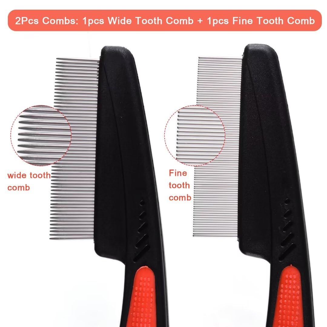 Iluadme 2 Pieces Fine Tooth and Wide Tooth Dog Grooming Comb - Rubber Handle Hair Comb for Small Dogs & Cats with Flea and Tick Removal (2PCS, Black Red)