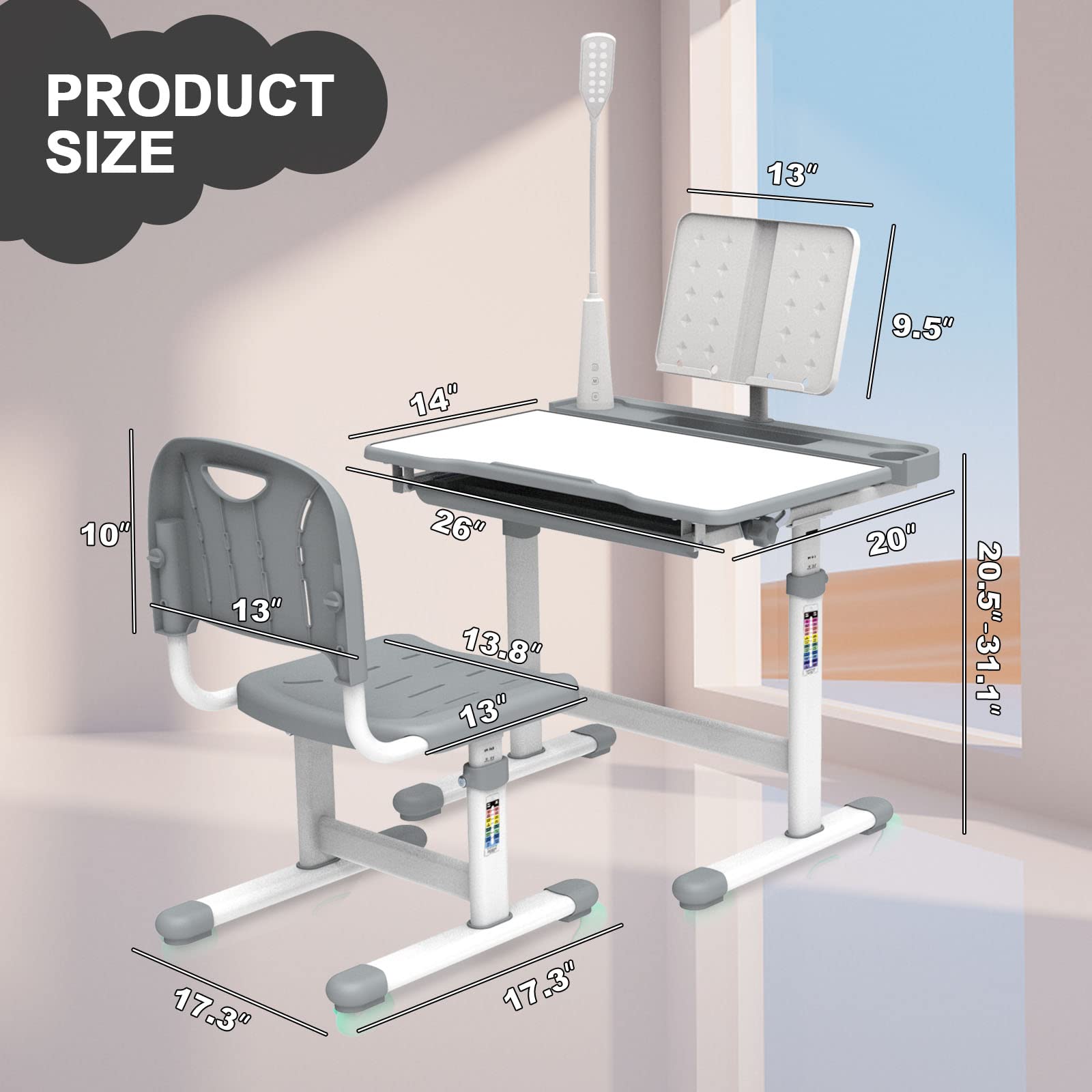 YBLFDY Kids Desk Multi Functional Kids Study Desk with 40 Degree Tilt-able Desktop Height Adjustable Kids School Desk for Kids,Children Desk Set as Christmas, Bithday Gift, Grey