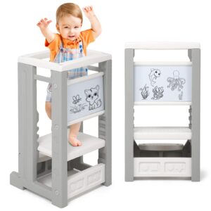 toddler tower - toddler standing tower for kitchen counter & sink, kids kitchen step stool helper, anti-tip structure more stable, with dry erase board, ages 18 months to 5 years (grey)