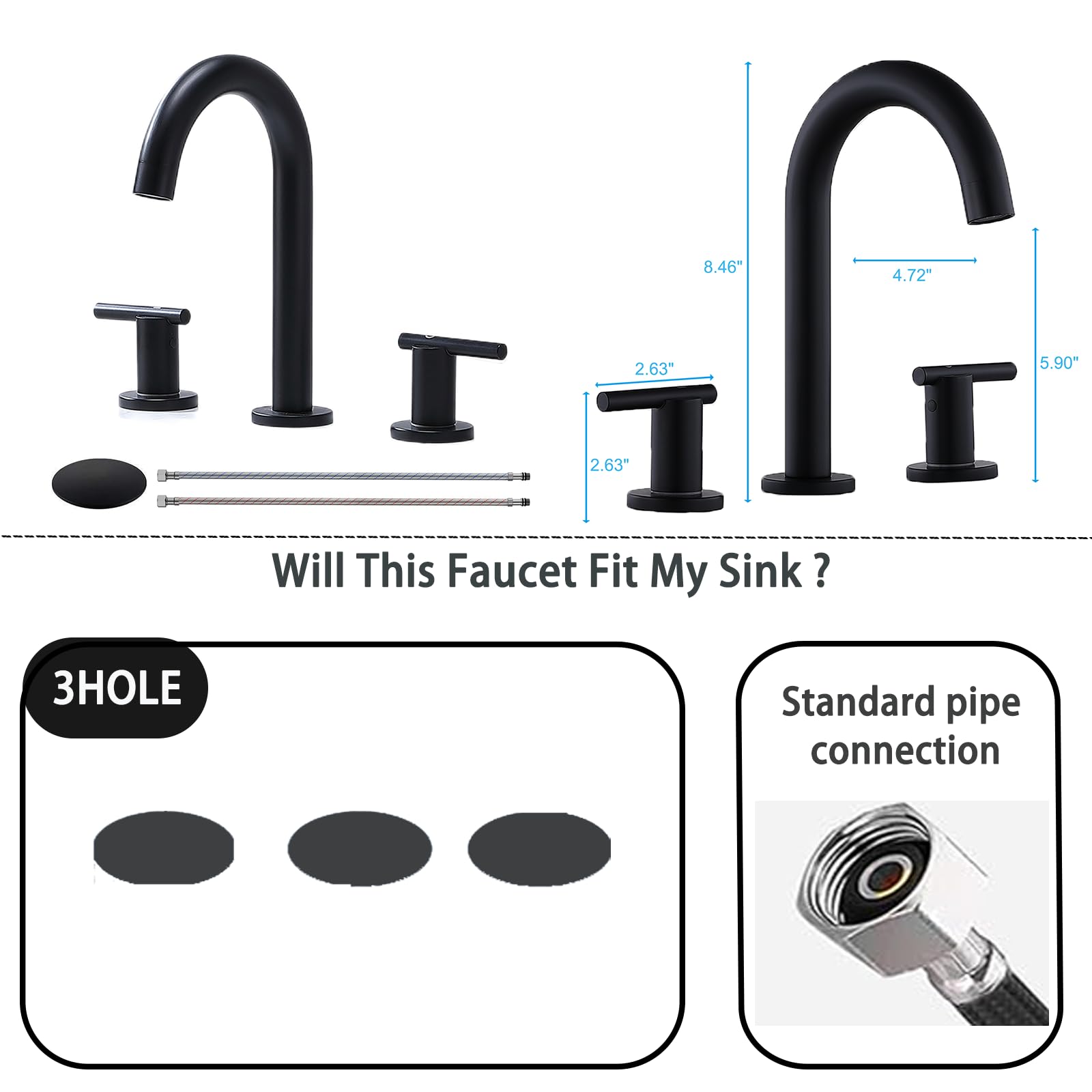 VAPSINT Matte Black Bathroom Faucet 3 Hole, 8 Inch Widespread Bathroom Faucet with Pop Up Drain and Water Supply Lines, 2 Handle Black Vanity Faucet Bathroom Sink Faucet