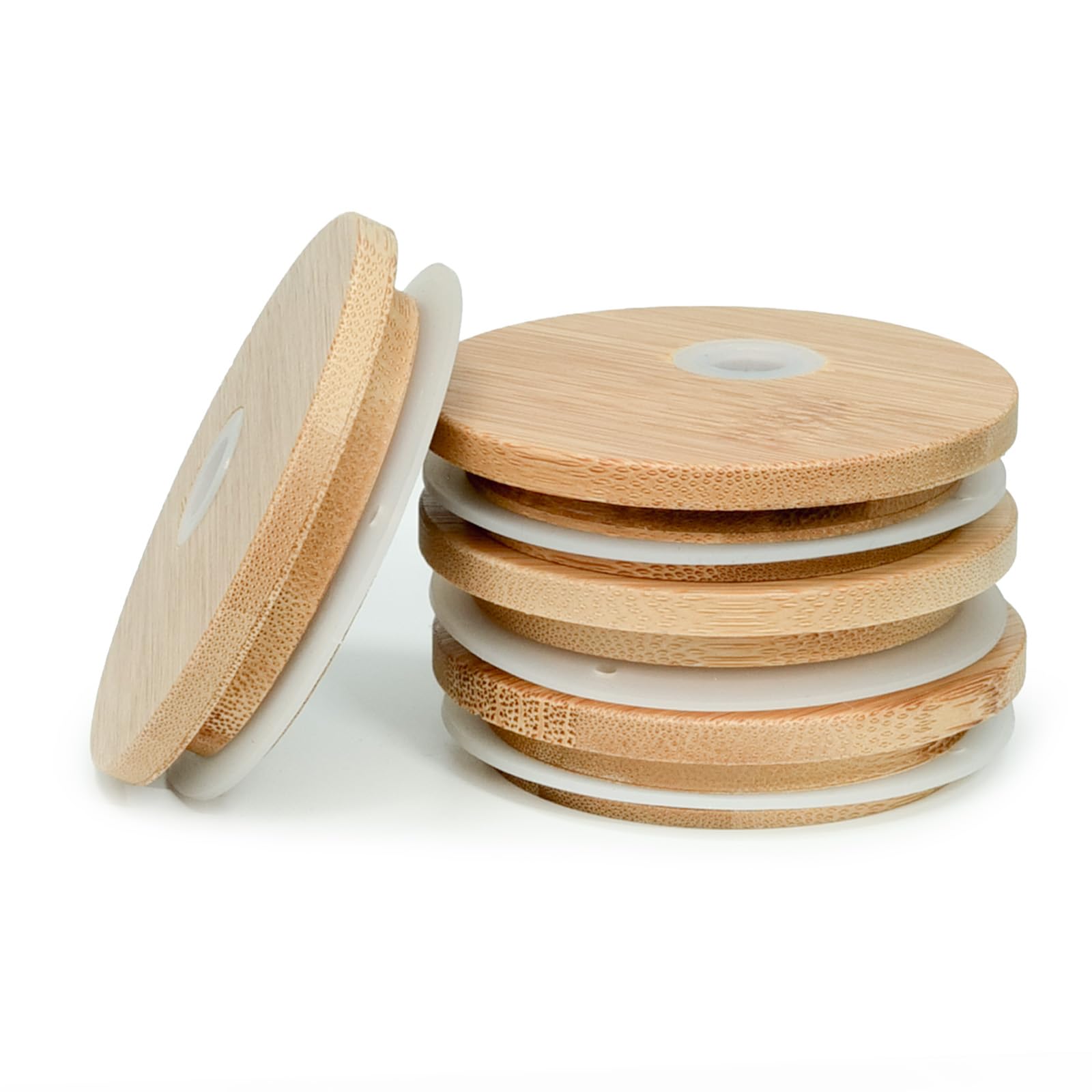 TERESRY 4 Pack Bamboo Lids for Glass Cups with Straw Hole, 2.75 inch/70 mm Wooden Lids for 16 OZ Beer Can Cups, Replacement Canning Lids for Regular Mouth 20 OZ 24 OZ Glass Cups