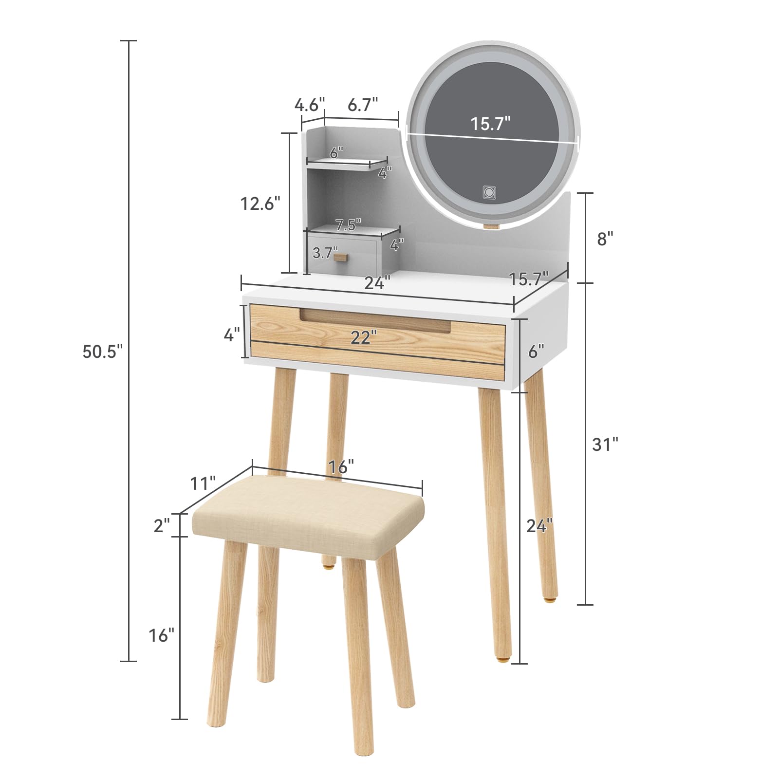 ARTETHYS Small Vanity Desk Set with 3 Adjustable Lighted Mirror and Storage Shelf White Tiny Vanity Table with Drawer for Bedroom 24 Inch Makeup Vanity Compact Dressing Table for Small Space