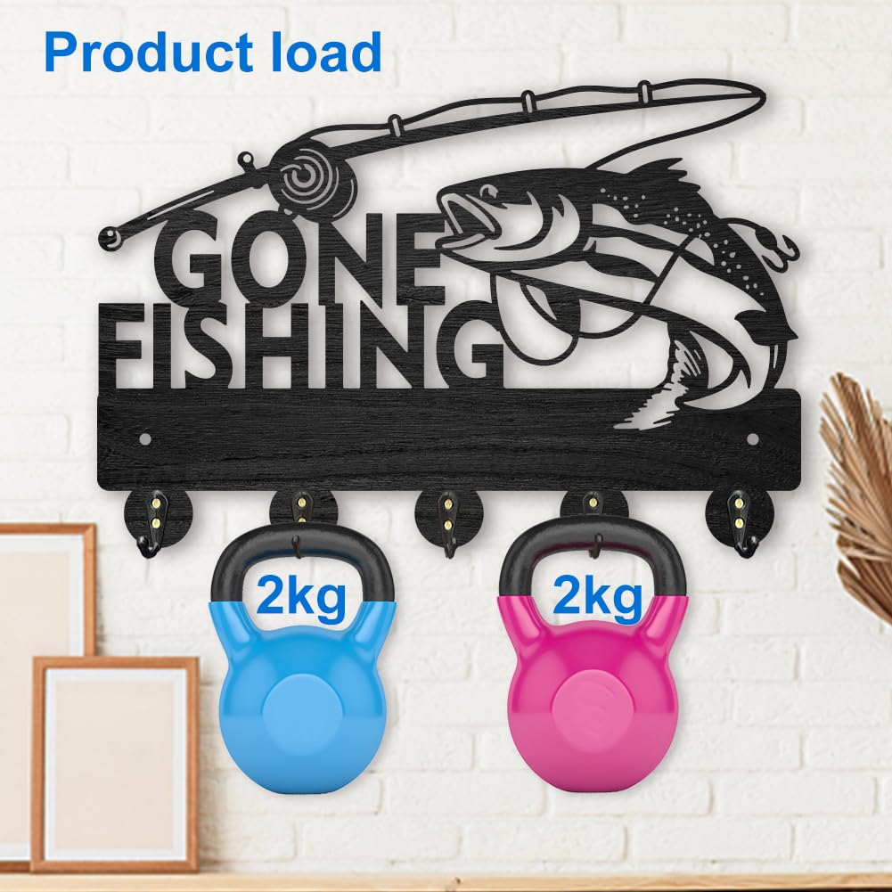 MAYJOYDIY Wood Gone Fishing Coat Rack Wall Mount Fishing Rod Key Holder for Wall 11.8×7.9inch Black Lake Fish Key Rack Hangers 5 Alloy Hooks Wall Art Decor for Entryway Front Door Fishing Lover Gift