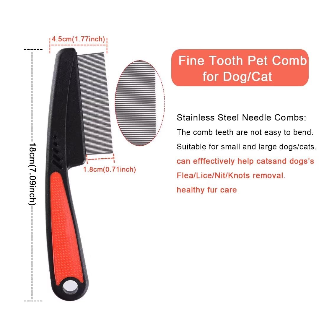 Iluadme 2 Pieces Fine Tooth and Wide Tooth Dog Grooming Comb - Rubber Handle Hair Comb for Small Dogs & Cats with Flea and Tick Removal (2PCS, Black Red)