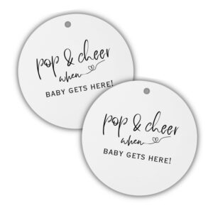 pop & cheer when baby is here minimalist hang tags | 30 pk for baby shower mini champagne labels neutral black and white neutral