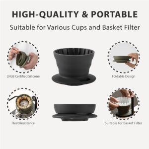 VANDROOP Collapsible Coffee Dripper, Portable Basket Pour Over Coffee Maker, Silicone Reusable Single Cup Maker(1-2 Cup) (Gray)