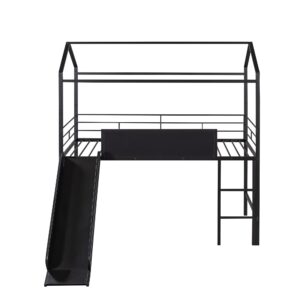 BOVZA Twin Size House Loft Bed with Slide and Ladder, Metal Loft Bed Frame with 2 Sided Writable Wooden Board and Roof for Kids Boys Girls Bedroom, Black