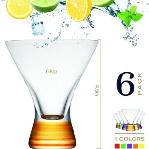 Beneti Martini Glasses | Made In Europe | Stemless Cocktail Bar Drinking Glassware Set for Parties (6 Pack - 8 oz - Multi Colored)