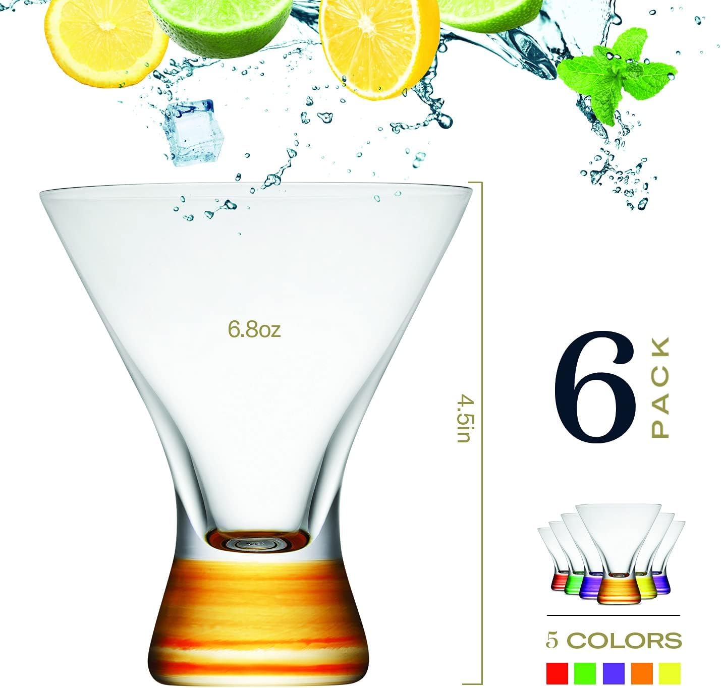 Beneti Martini Glasses | Made In Europe | Stemless Cocktail Bar Drinking Glassware Set for Parties (6 Pack - 8 oz - Multi Colored)