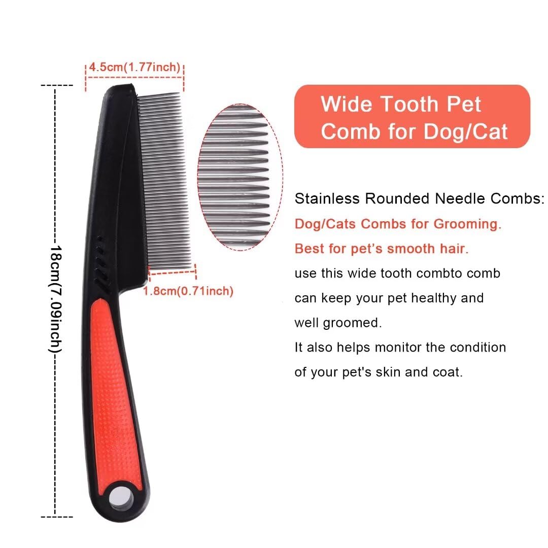 Iluadme 2 Pieces Fine Tooth and Wide Tooth Dog Grooming Comb - Rubber Handle Hair Comb for Small Dogs & Cats with Flea and Tick Removal (2PCS, Black Red)