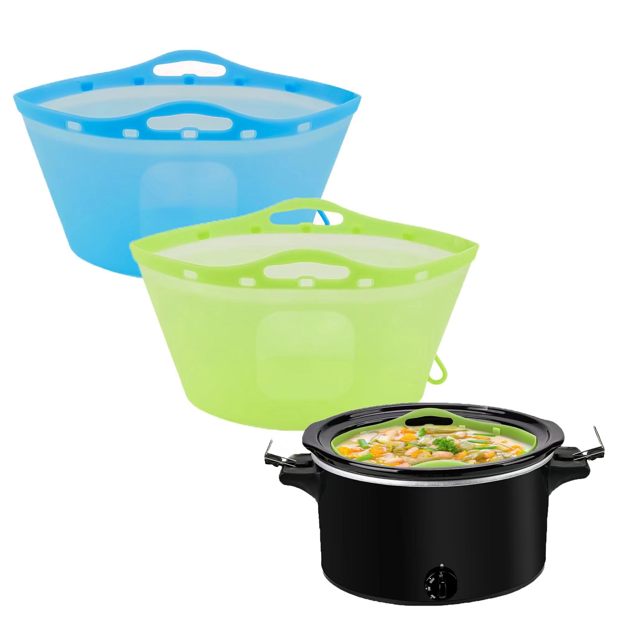 2pcs Silicone Slow Cooker Liners, Foldable Slow Cooker Liners for 6-7-8-10 Quarts, Reusable Crock-Pot Liners with Buttons and Hooks for Oval or Round Pot, Leakproof & Easy Clean, Green+Blue