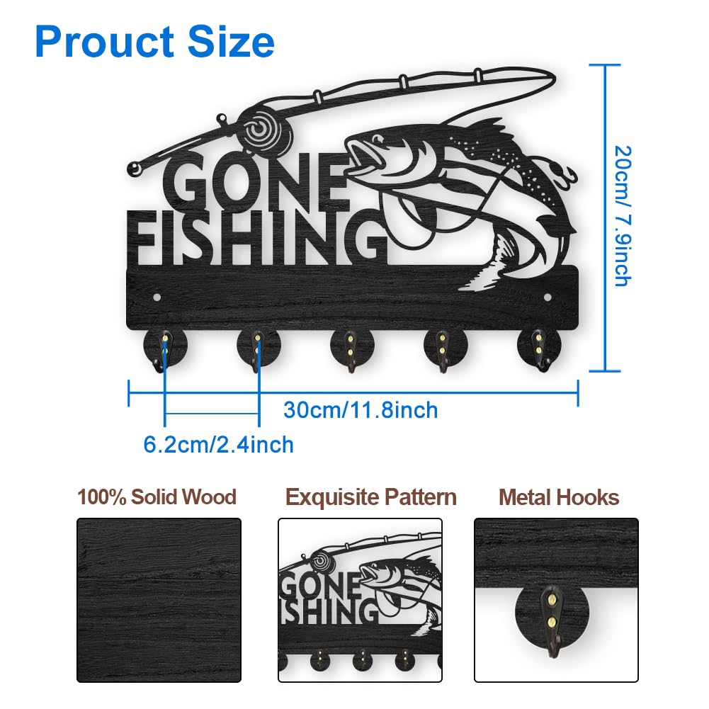 MAYJOYDIY Wood Gone Fishing Coat Rack Wall Mount Fishing Rod Key Holder for Wall 11.8×7.9inch Black Lake Fish Key Rack Hangers 5 Alloy Hooks Wall Art Decor for Entryway Front Door Fishing Lover Gift