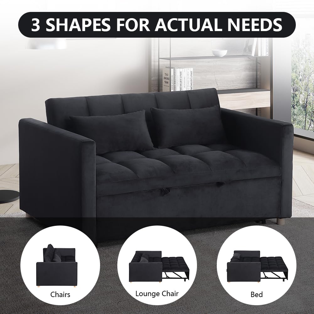 Otnqu Convertible Sofa Bed - 3 in 1 Loveseat Sleeper Sofa,Pull Out Sleeper Bed with Adjustable Backrest,Multi-Functiona Lounge Chair with Velvet Fabric for Living Room(Black)