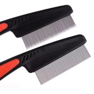 iluadme 2 pieces fine tooth and wide tooth dog grooming comb - rubber handle hair comb for small dogs & cats with flea and tick removal (2pcs, black red)