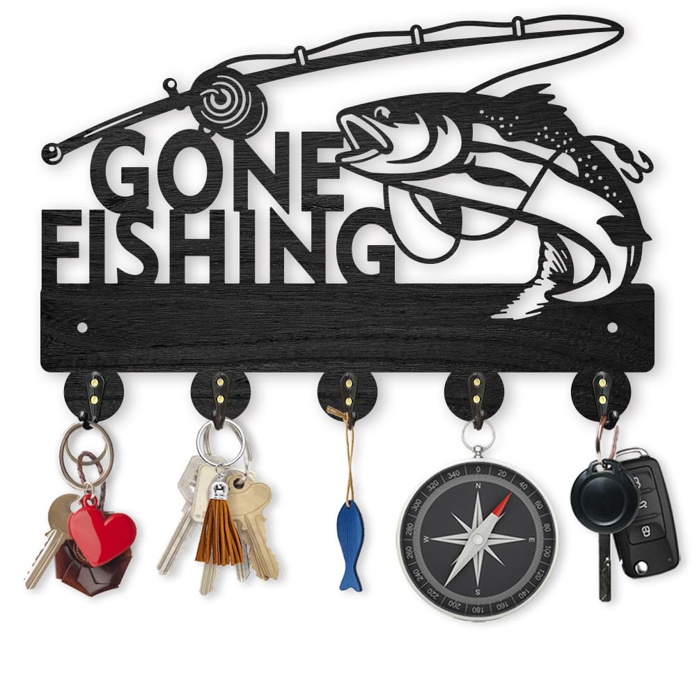 MAYJOYDIY Wood Gone Fishing Coat Rack Wall Mount Fishing Rod Key Holder for Wall 11.8×7.9inch Black Lake Fish Key Rack Hangers 5 Alloy Hooks Wall Art Decor for Entryway Front Door Fishing Lover Gift