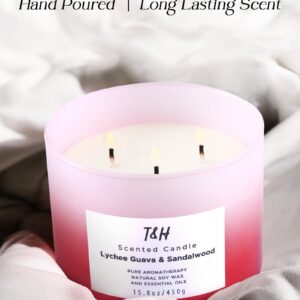 Lychee Guava Sandalwood Candle | Large 3-Wick Highly Scented Candle for Home | Natural Soy Candle 15.8 oz | Sweet & Refreshing Luxury Fragrance Candle | Relaxing Aromatherapy Candle for Women & Men