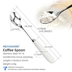 MEIYAHOME White Ceramic Handle Quality Dessert Coffee Spoon 18/10 Stainless Steel Fine Teaspoon Sugar Spoon sus304 5.6inch Stir Afternoon Tea Mixing Spoon (4 Pcs)