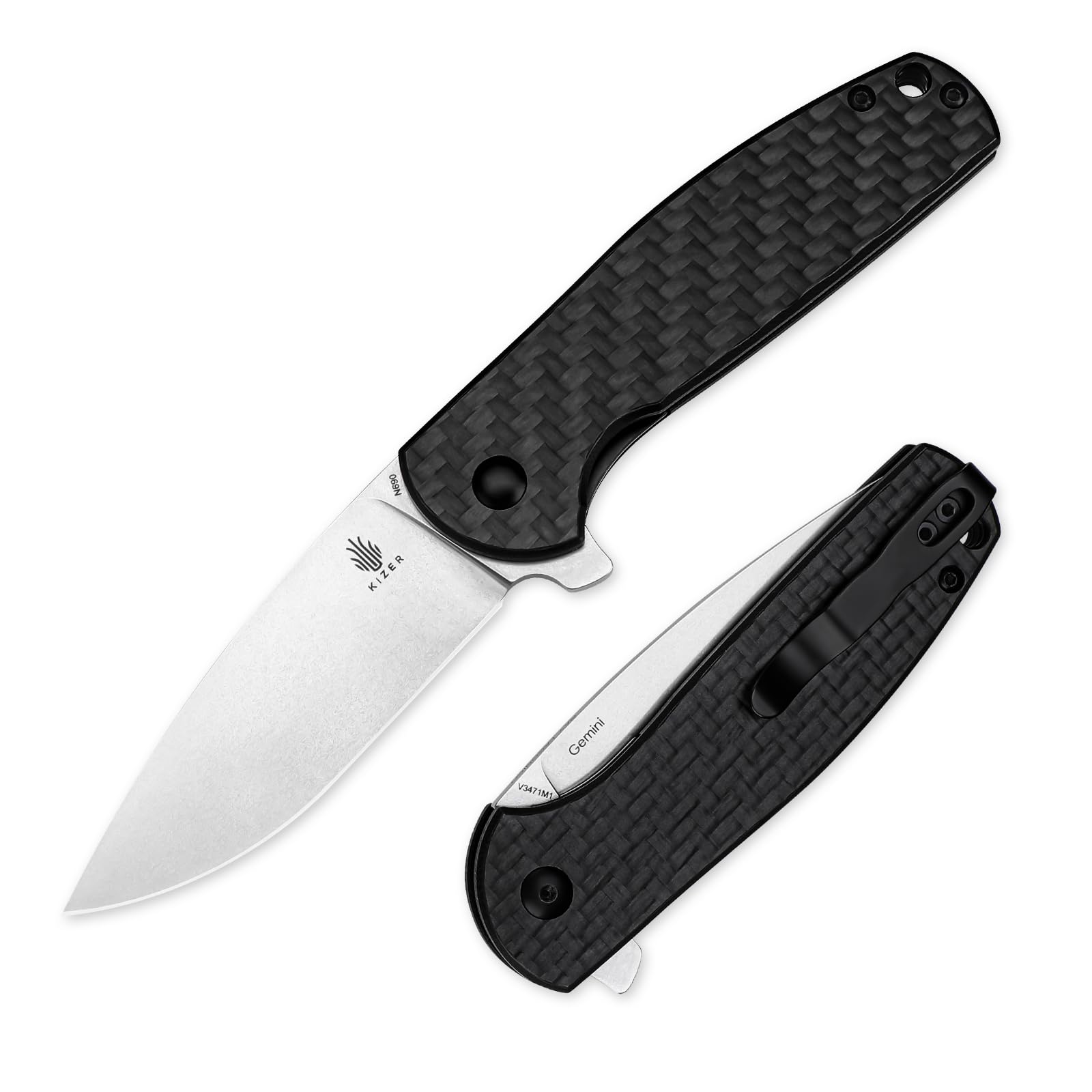 Kizer Gemini Pocket Knife, 3 In N690 Steel Blade Folding Knife, Carbon Fiber and G10 Handle EDC Knife for Men Women, Camping Folding Pocket Knife V3471M1