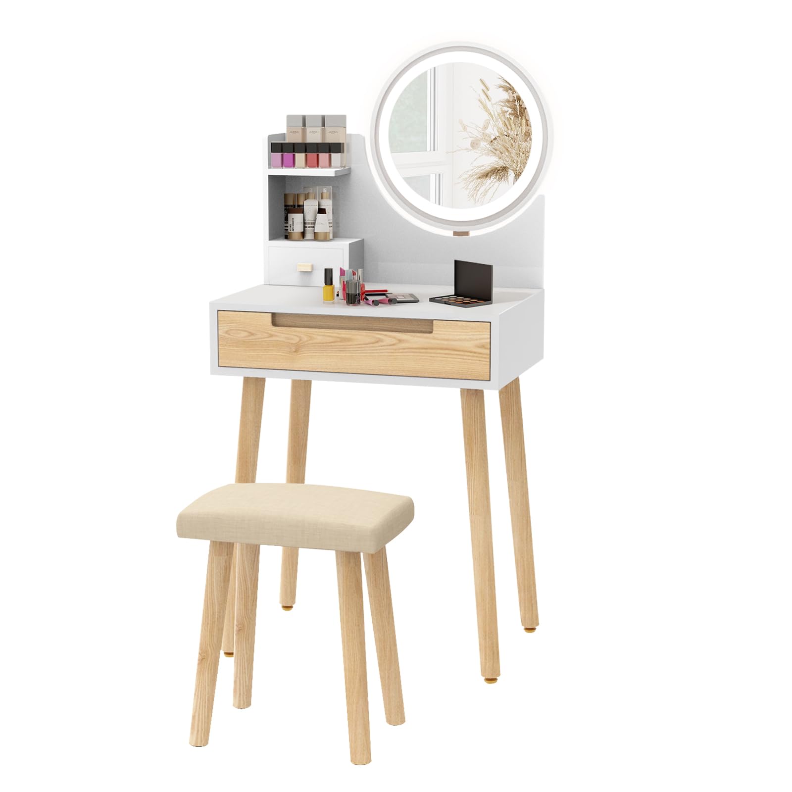 ARTETHYS Small Vanity Desk Set with 3 Adjustable Lighted Mirror and Storage Shelf White Tiny Vanity Table with Drawer for Bedroom 24 Inch Makeup Vanity Compact Dressing Table for Small Space