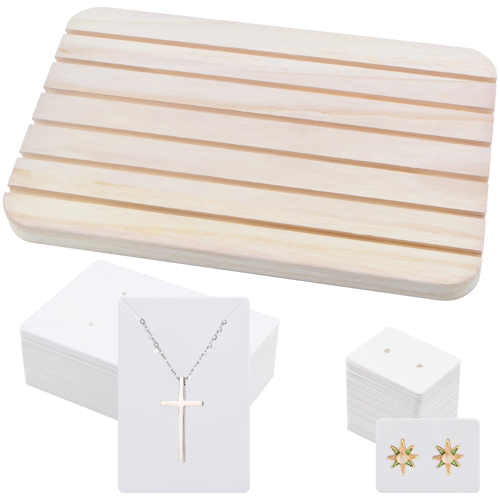 JMKTOOL Wood Earring Display Stand Set, 50pcs Earring Cards, 50pcs Necklace Earring Cards and 1pcs Wood Block Jewelry Display Holder for Selling Jewelry Organizer Displaying Photos Business Card