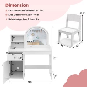 GOFLAME Kids Vanity Set with Lighted Mirror, Toddler Makeup Dressing Princess Table & Chair Set with Shelves, Drawer & Cabinet, Pretend Play Vanity Set with Mirror and 2-Color LED Lights, White