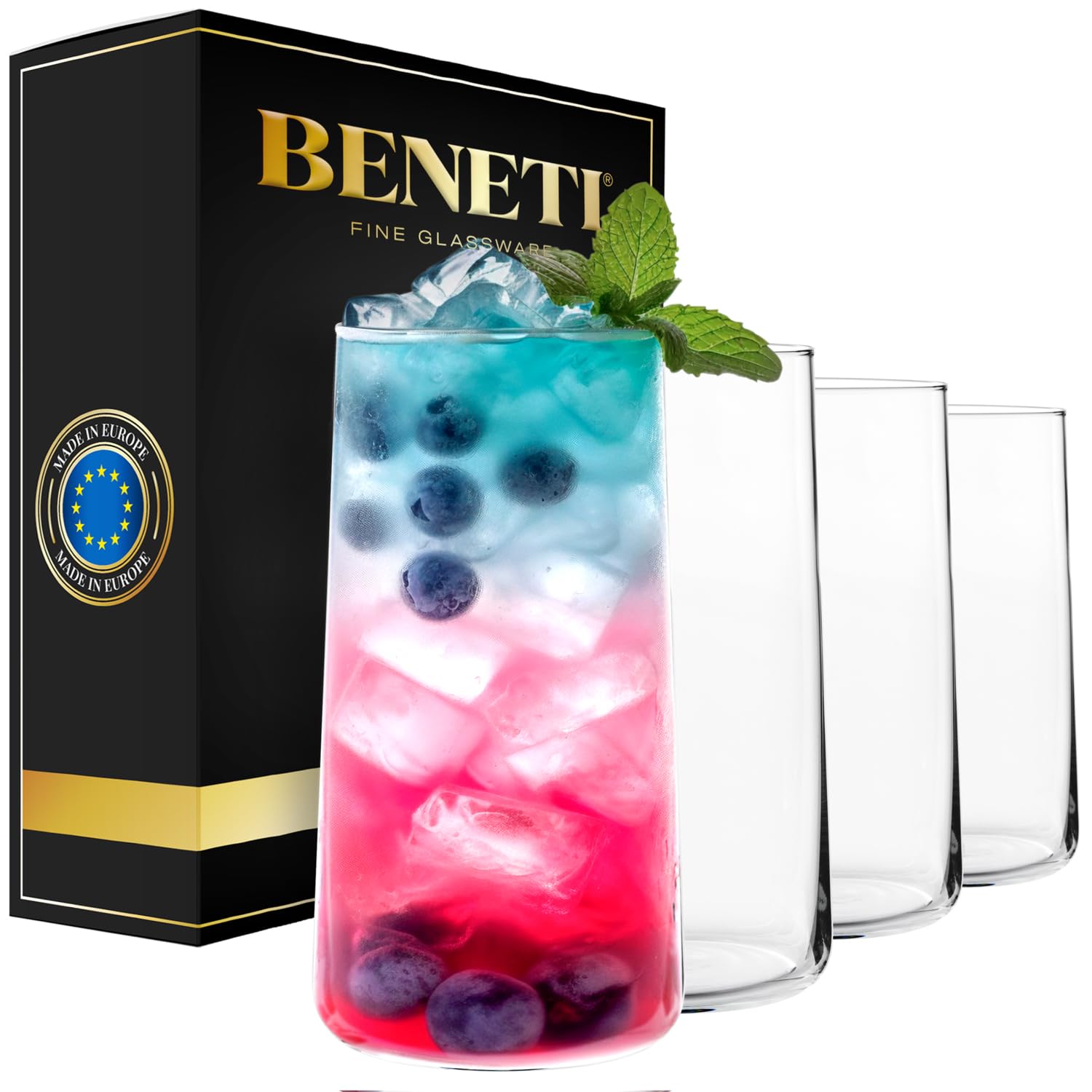 BENETI Modern Crystal Glass Cups, Tall Highball Drinking Glasses Set of 4 | Made in Europe | Water and Juice Kitchen Glassware (18 Onces)