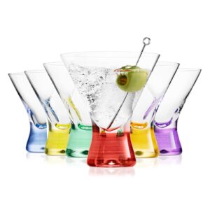 beneti martini glasses | made in europe | stemless cocktail bar drinking glassware set for parties (6 pack - 8 oz - multi colored)