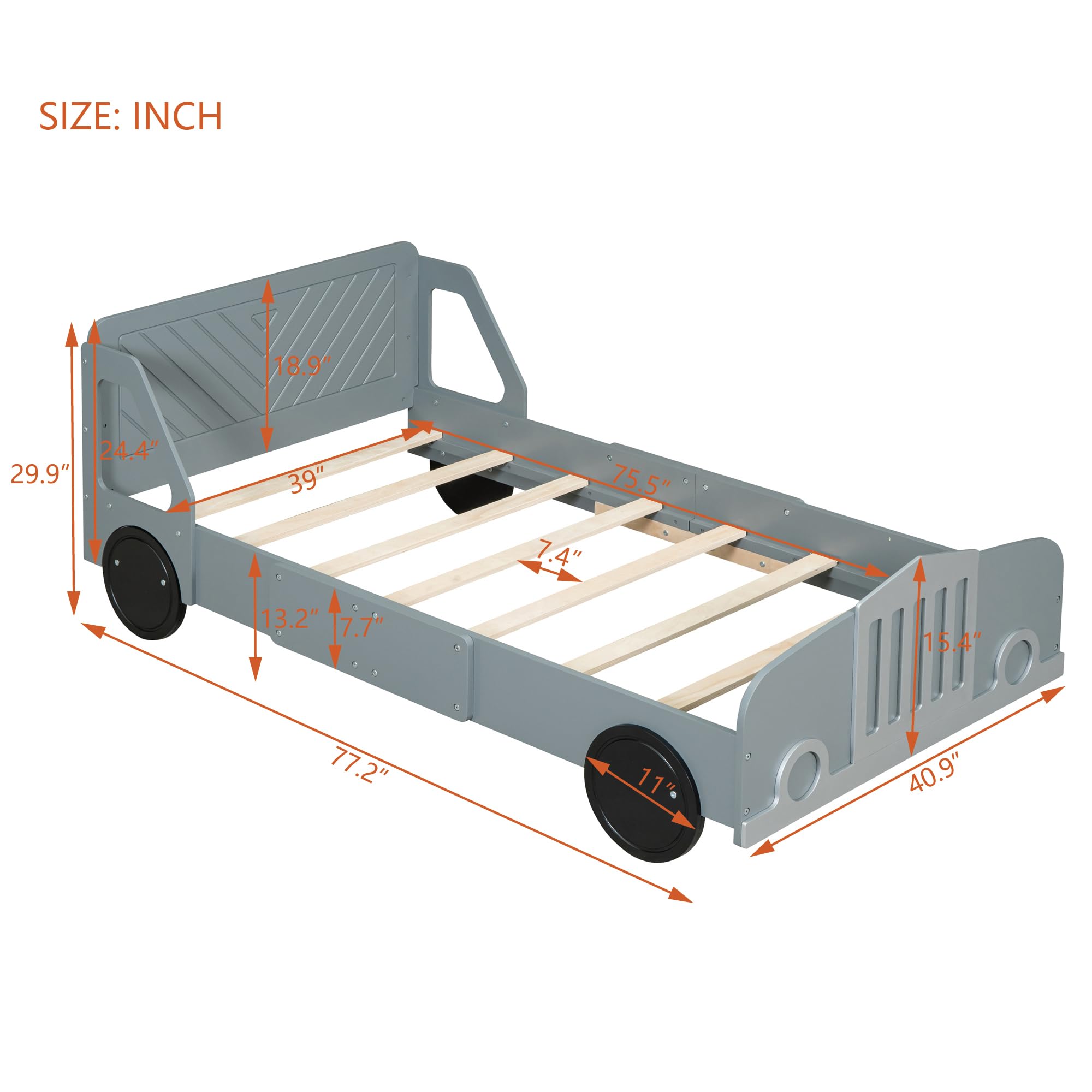 Harper & Bright Designs Twin Size Car-Shaped Bed with Wheels,Twin Kids Bed with Headboard & Footboard,Wood Twin Platform Bed Frame,Lightning McQueen Bed for Kids Boys Girls (Gray)