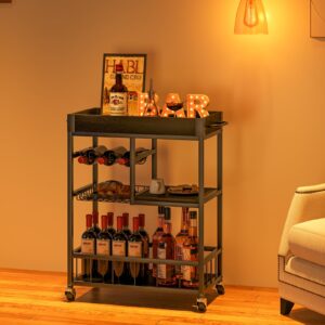 Azheruol Bar Cart with Basket 3 Tiers Home Rolling Wine Rack with Wheels Mobile Kitchen Industrial Vintage Style Wood Metal Serving Trolley Serving Cart,Black Frame Home Kitchen Shelf for Party