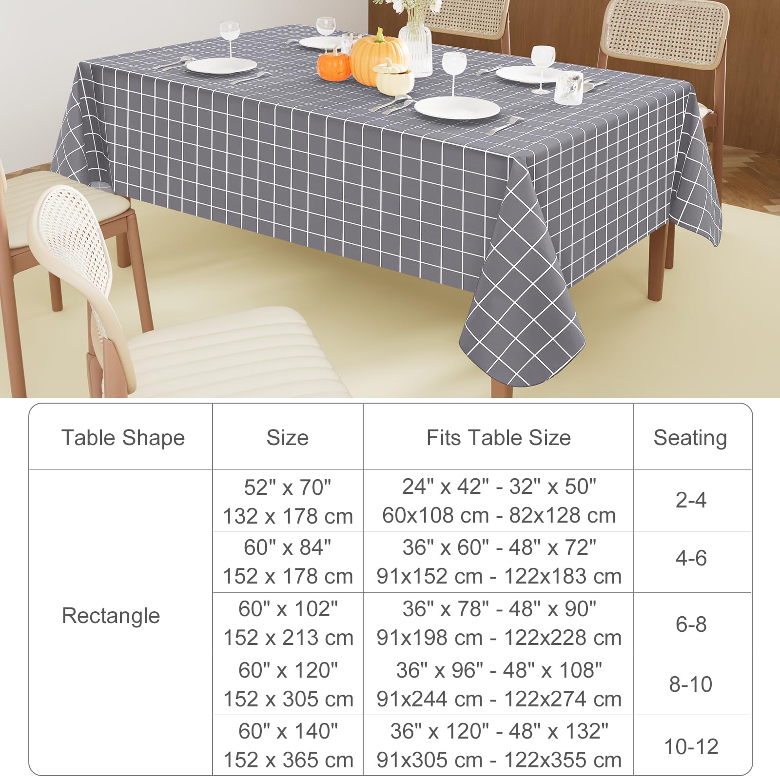 Spotjoy Rectangle Table Cloth, Waterproof Vinyl Tablecloths with Flannel Backing, Wipeable Plastic Plaid Table Cover for Dining, Picnic, Indoor and Outdoor (52" x 70", Grey)