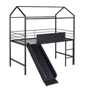 BOVZA Twin Size House Loft Bed with Slide and Ladder, Metal Loft Bed Frame with 2 Sided Writable Wooden Board and Roof for Kids Boys Girls Bedroom, Black