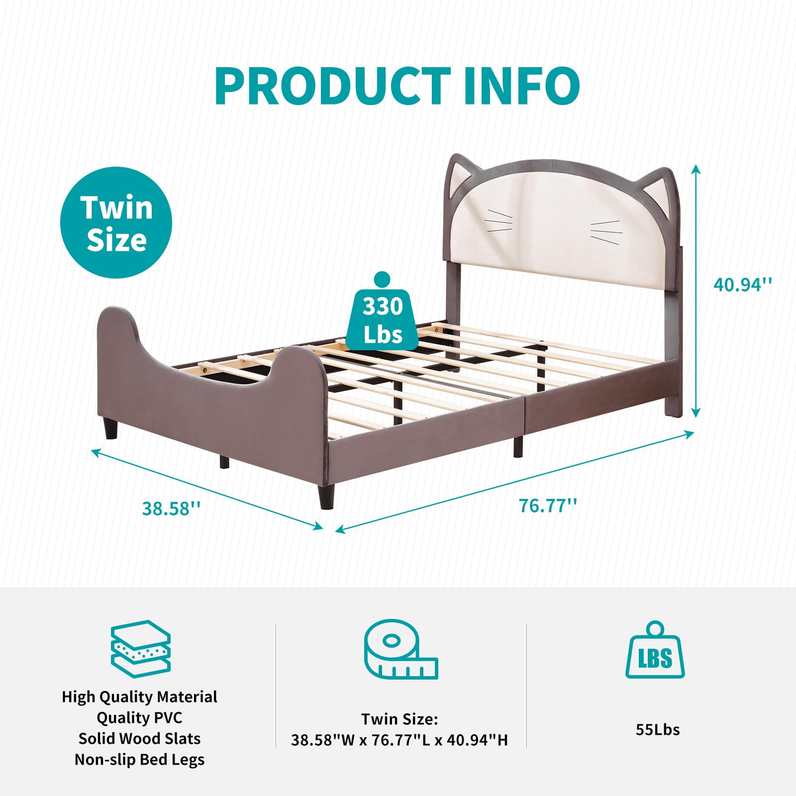 MUZZ Twin Kid Bed Frame,Velvet Bed Frame with Cat Ears Headboard, Upholstered Kids Bed Platform with Sturdy Slats Support，No Box Spring Needed，Bedroom Use（Twin/Cat）