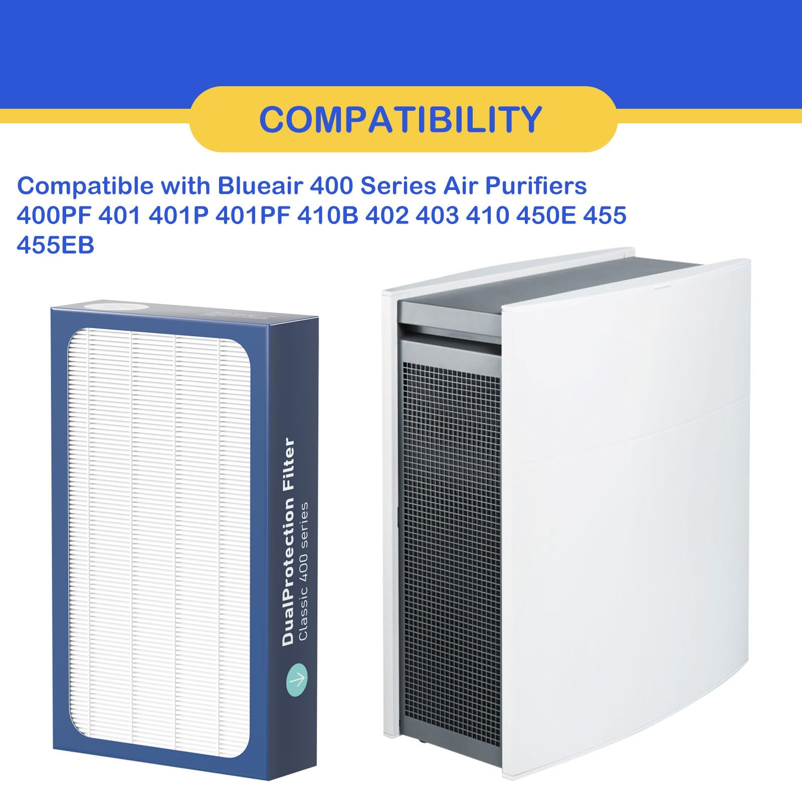 Classic 400 Series DualProtection Filter Replacement Compatible with BLUEAIR Classic 400 Series Air Cleaner Purifiers, 480i, 402, 403, 405, 410, 450E, 455EB, HEPA Filter with Activated Carbon, 2 Pack