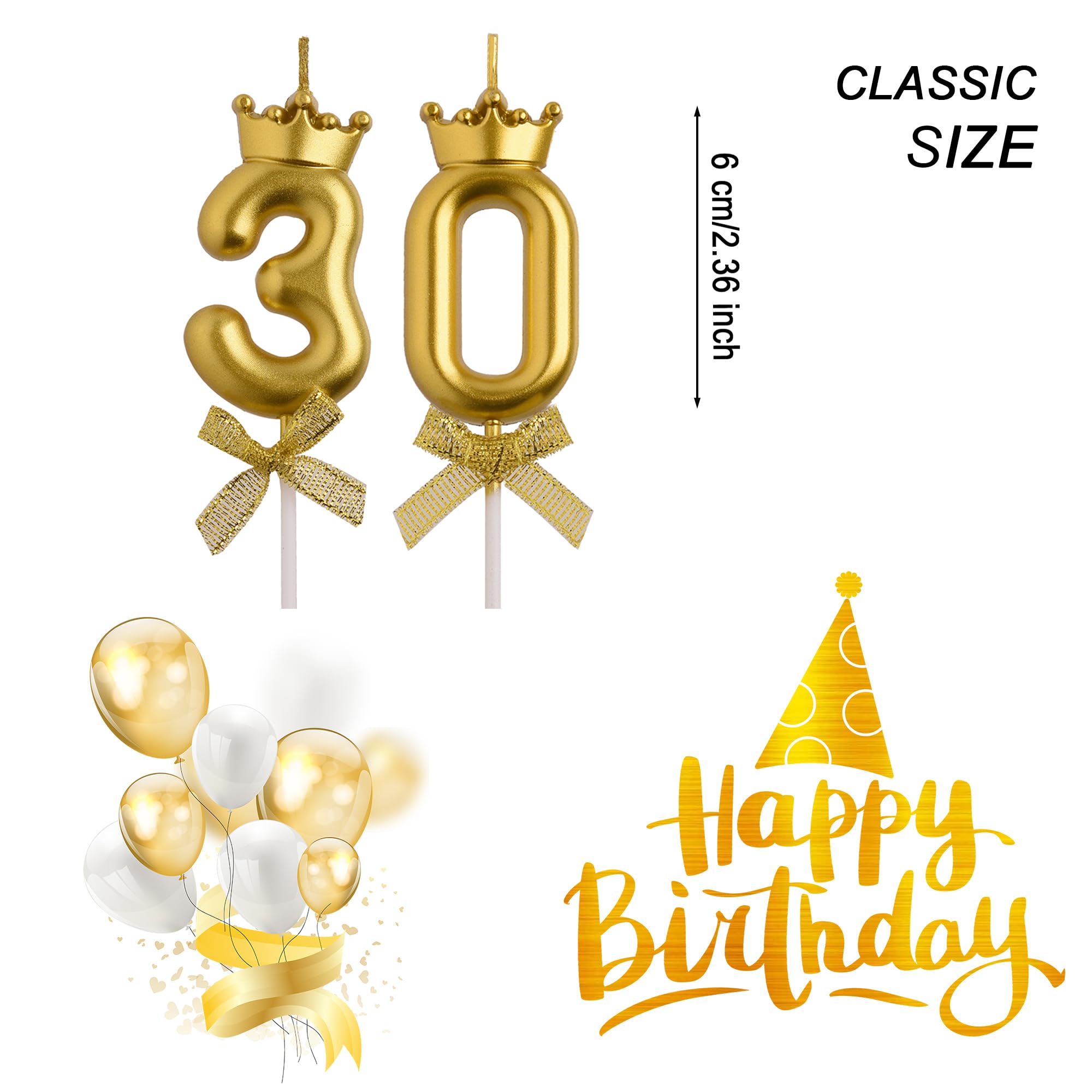 AOOLADA 30th Birthday Candles, Gold 30 Year Old Number Birthday Candles, Number 30 Candles for Men Women, Happy Birthday Party Decorations Cake Topper Gifts for Wedding Anniversary Celebration