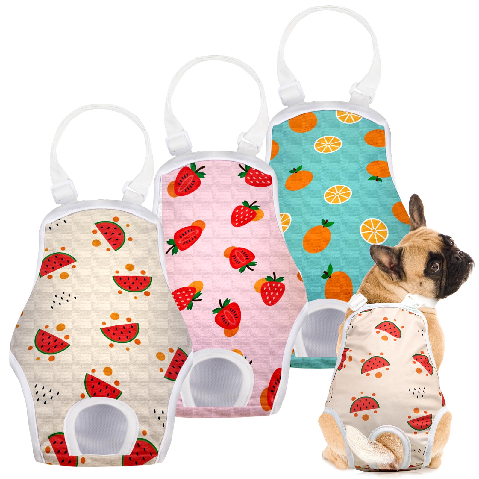 Jollywoods 3 Pack Washable Female Dog Diaper Onesie Sanitary Pantie with Adjustable Suspender, Reusable Fixed Doggie Diapers, Super Absorbent Leakproof for Small Medium Large Dog in Heat Cycle