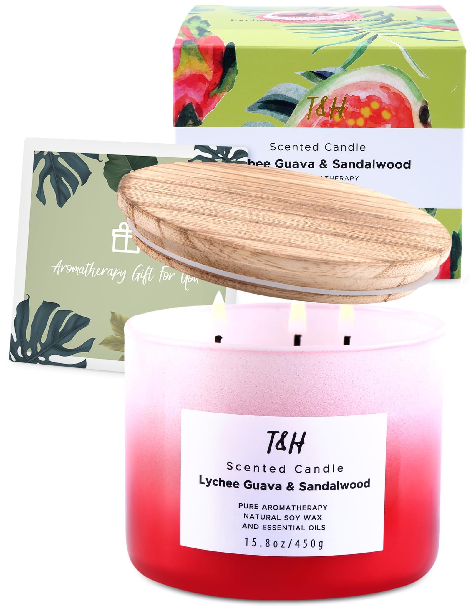 Lychee Guava Sandalwood Candle | Large 3-Wick Highly Scented Candle for Home | Natural Soy Candle 15.8 oz | Sweet & Refreshing Luxury Fragrance Candle | Relaxing Aromatherapy Candle for Women & Men